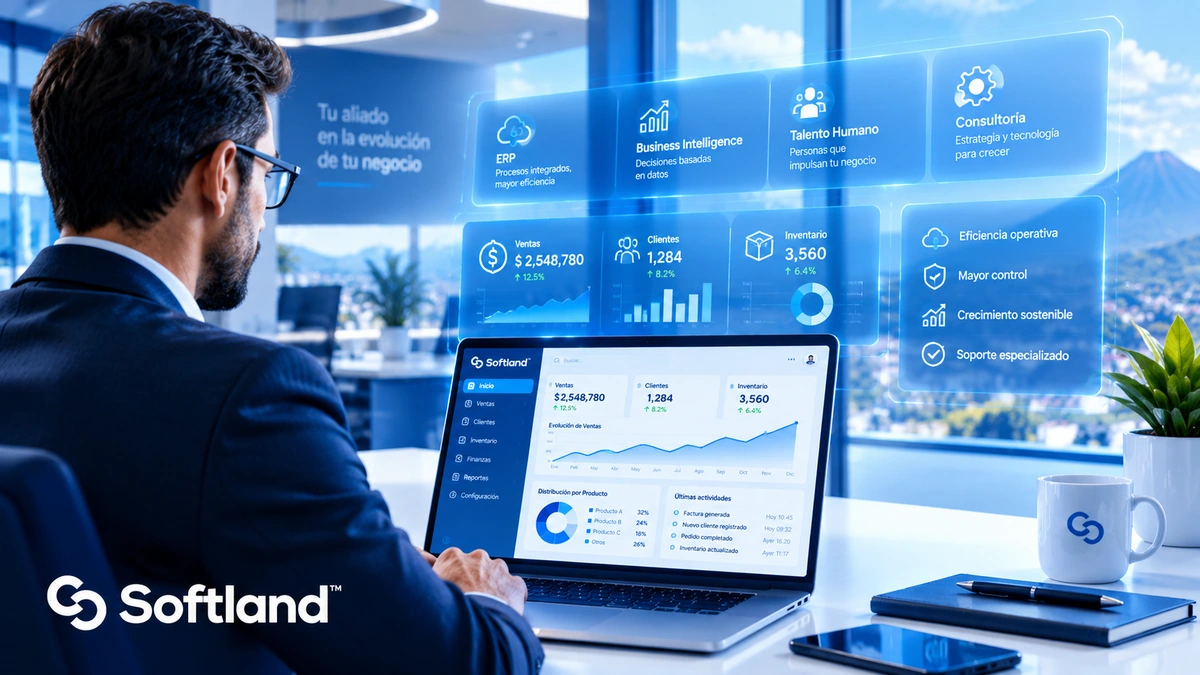 Ejecutivo frente a una laptop con indicadores de Softland ERP y los módulos de la suite en una pantalla
